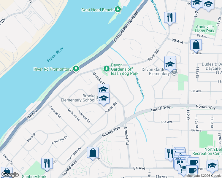 map of restaurants, bars, coffee shops, grocery stores, and more near 8784 Brooke Road in Delta
