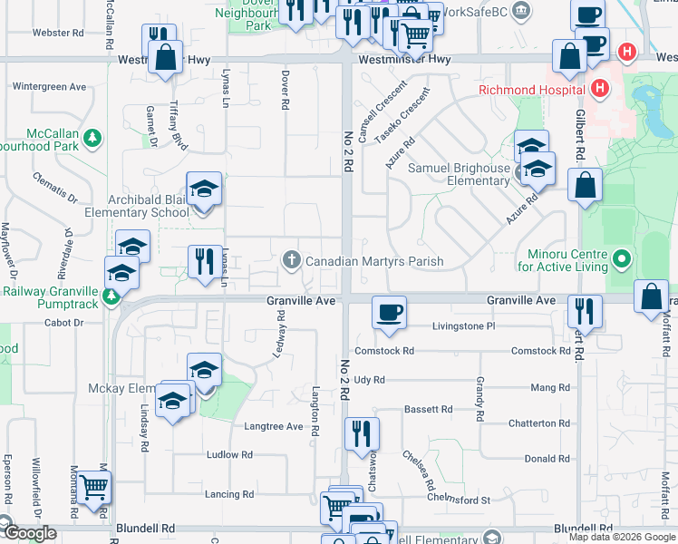 map of restaurants, bars, coffee shops, grocery stores, and more near 5740 Garrison Road in Richmond