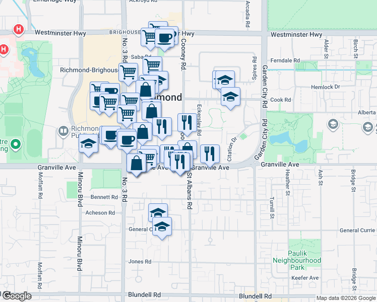 map of restaurants, bars, coffee shops, grocery stores, and more near in Richmond