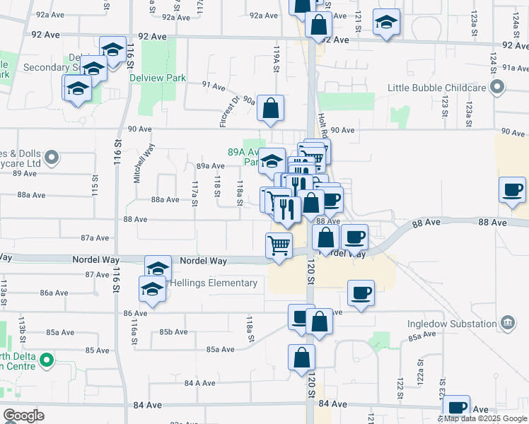map of restaurants, bars, coffee shops, grocery stores, and more near 11881 88 Avenue in Delta
