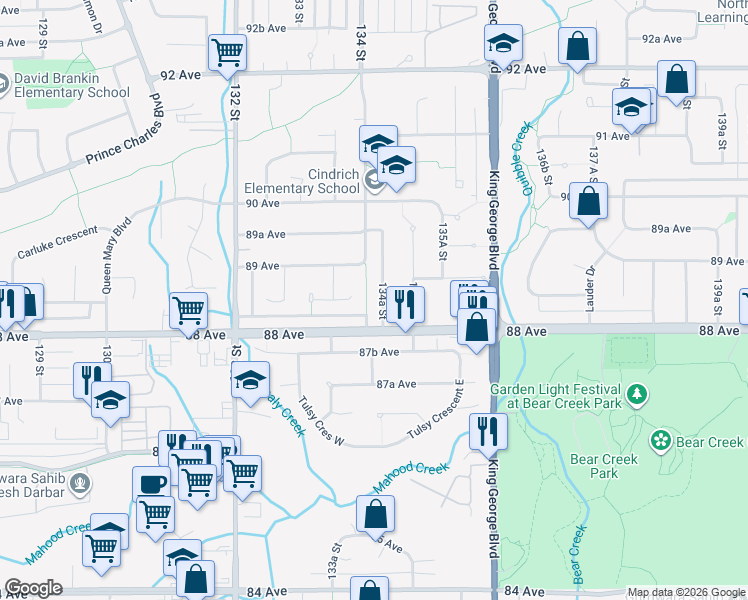 map of restaurants, bars, coffee shops, grocery stores, and more near 8847 134A Street in Surrey