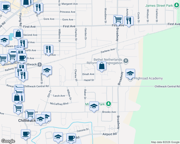 map of restaurants, bars, coffee shops, grocery stores, and more near 46413 Dinah Avenue in Chilliwack
