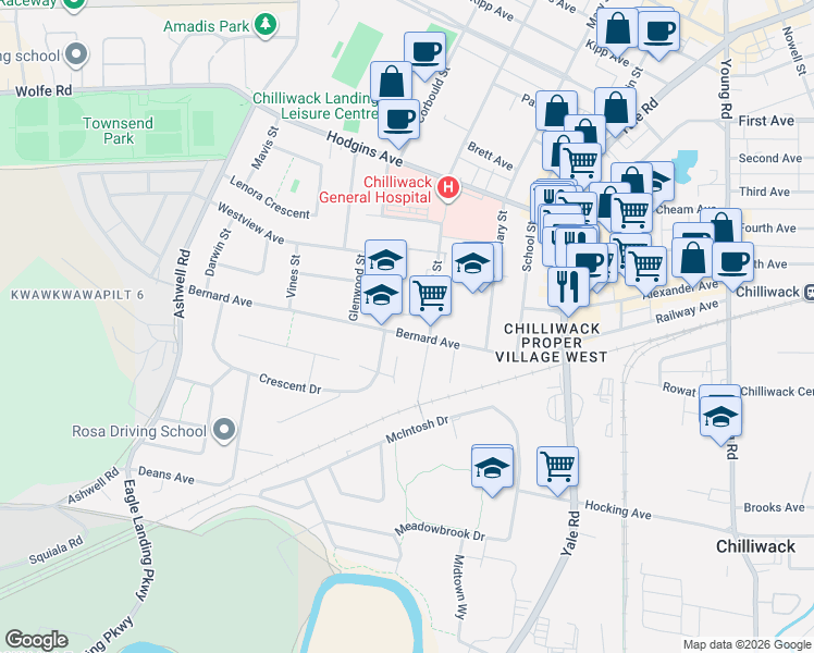 map of restaurants, bars, coffee shops, grocery stores, and more near 8927 Edward Street in Chilliwack