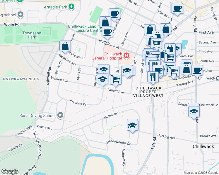 map of restaurants, bars, coffee shops, grocery stores, and more near 45475 Bernard Avenue in Chilliwack