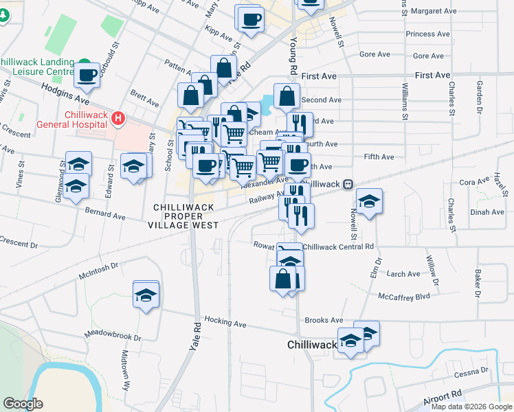 map of restaurants, bars, coffee shops, grocery stores, and more near 45916 Railway Avenue in Chilliwack