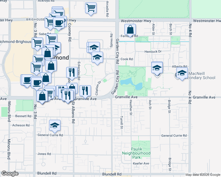 map of restaurants, bars, coffee shops, grocery stores, and more near 8870 Citation Drive in Richmond