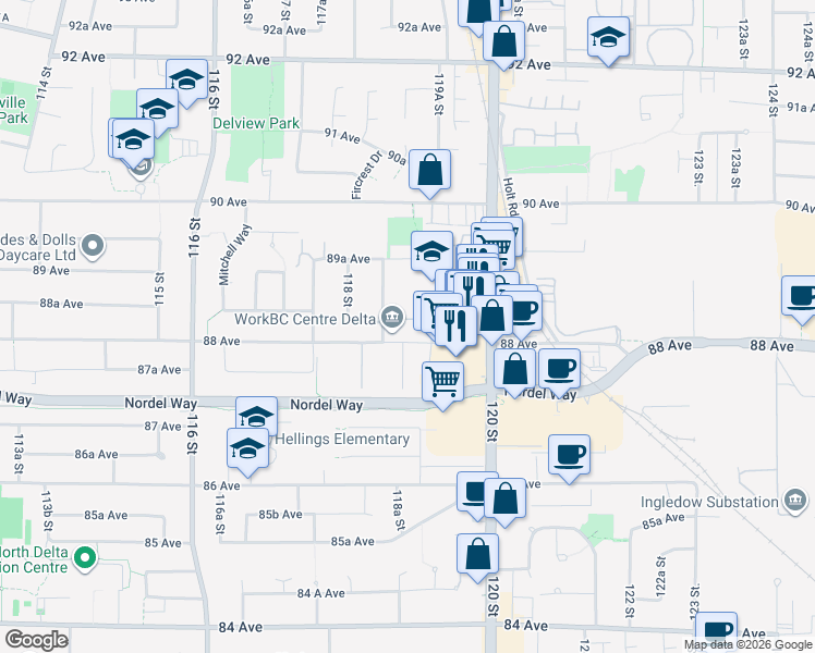 map of restaurants, bars, coffee shops, grocery stores, and more near 11881 88 Avenue in Delta