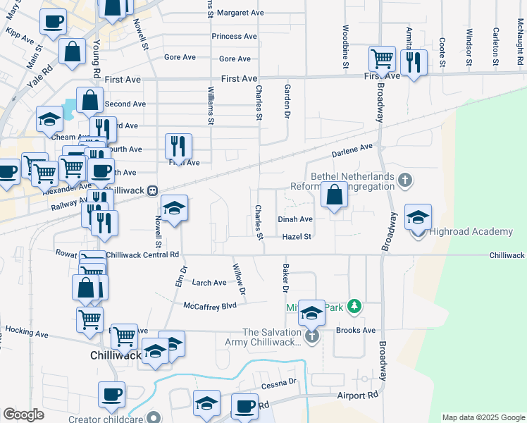 map of restaurants, bars, coffee shops, grocery stores, and more near 8900 Charles Street in Chilliwack