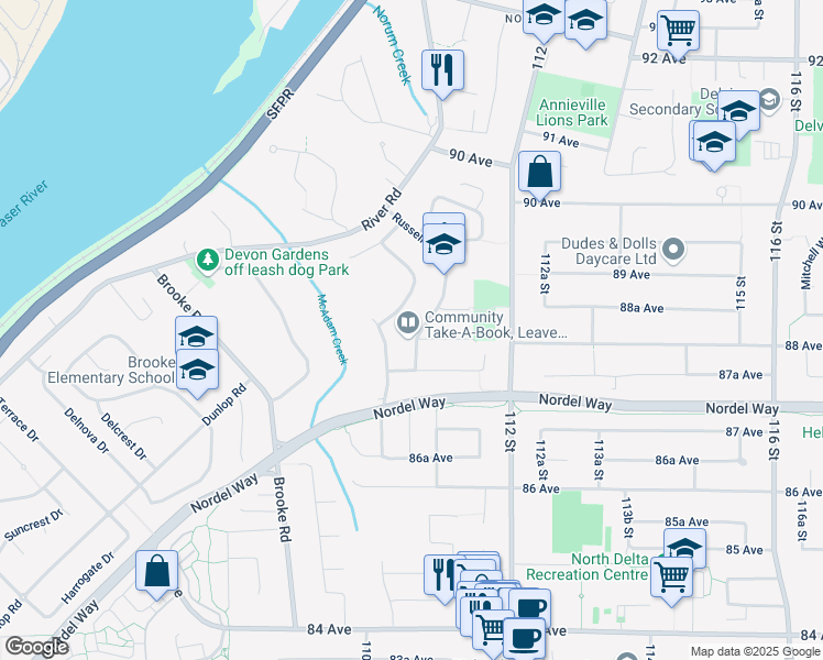 map of restaurants, bars, coffee shops, grocery stores, and more near 8815 Russell Drive in Delta