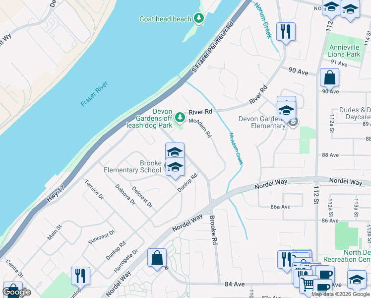 map of restaurants, bars, coffee shops, grocery stores, and more near 8792 Brooke Road in Delta