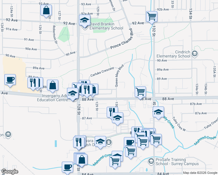 map of restaurants, bars, coffee shops, grocery stores, and more near 12959 Carluke Crescent in Surrey