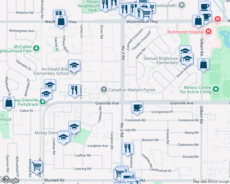 map of restaurants, bars, coffee shops, grocery stores, and more near 5740 Garrison Road in Richmond