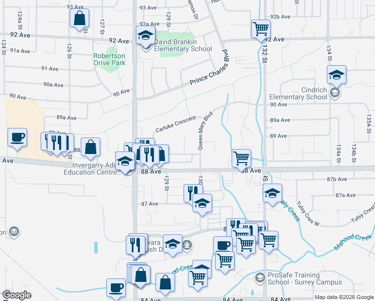 map of restaurants, bars, coffee shops, grocery stores, and more near in Surrey