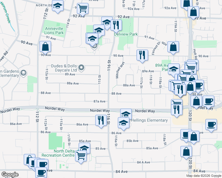 map of restaurants, bars, coffee shops, grocery stores, and more near 8824 116 Street in Delta