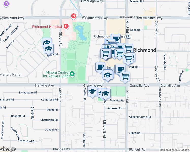 map of restaurants, bars, coffee shops, grocery stores, and more near Minoru Gate in Richmond