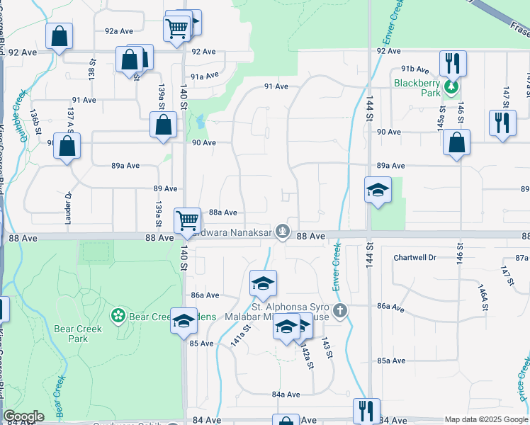 map of restaurants, bars, coffee shops, grocery stores, and more near 141B Street in Surrey