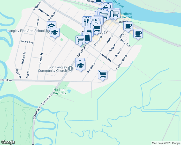 map of restaurants, bars, coffee shops, grocery stores, and more near 8870 Bartlett Street in Langley City