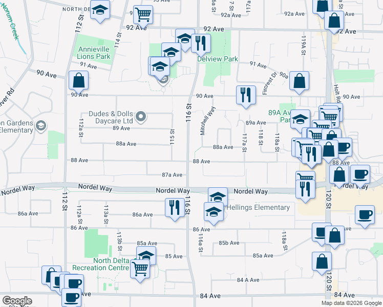 map of restaurants, bars, coffee shops, grocery stores, and more near 8824 116 Street in Delta