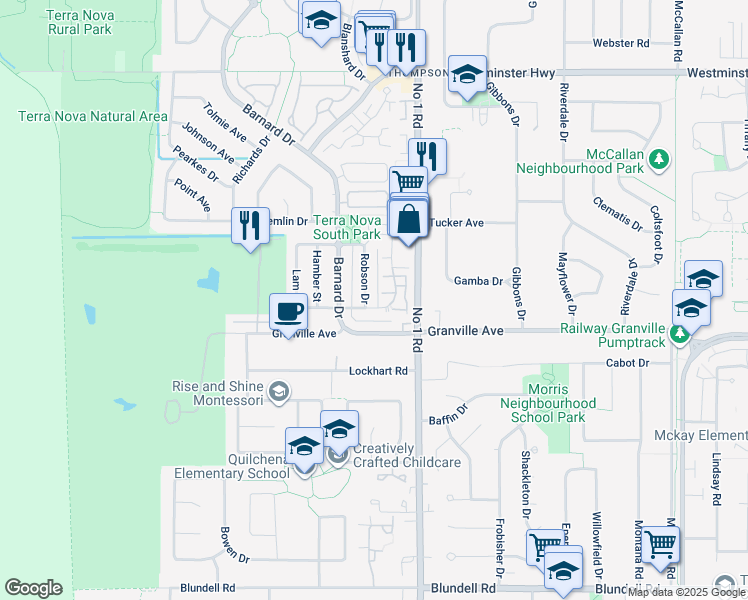 map of restaurants, bars, coffee shops, grocery stores, and more near 3711 Robson Court in Richmond
