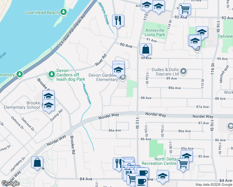 map of restaurants, bars, coffee shops, grocery stores, and more near 8824 Russell Drive in Delta