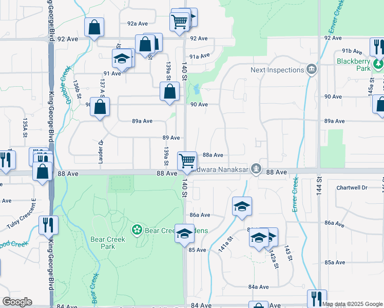 map of restaurants, bars, coffee shops, grocery stores, and more near 8841 140A Street in Surrey