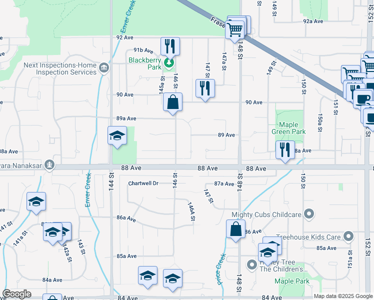 map of restaurants, bars, coffee shops, grocery stores, and more near 8855 146A Street in Surrey