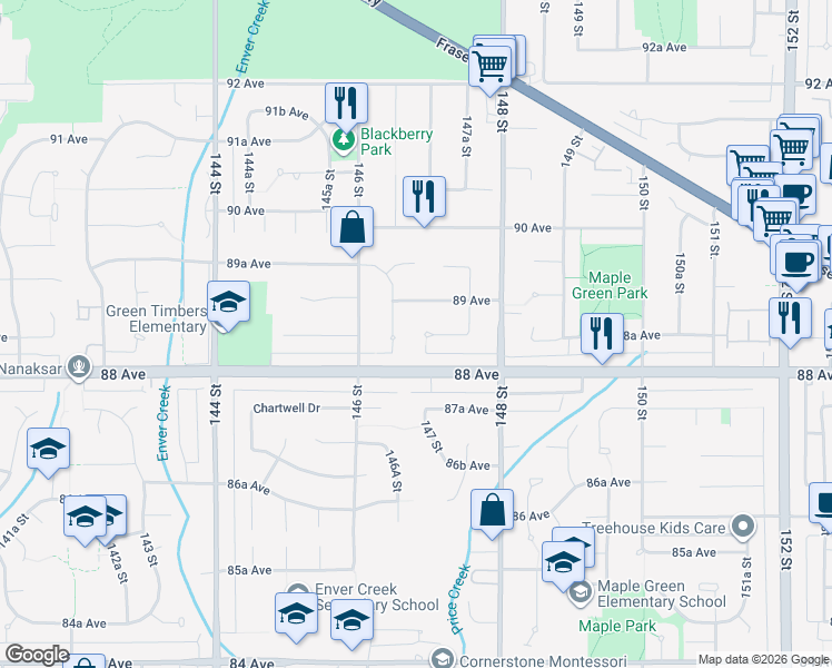 map of restaurants, bars, coffee shops, grocery stores, and more near 14689 Ashford Place in Surrey