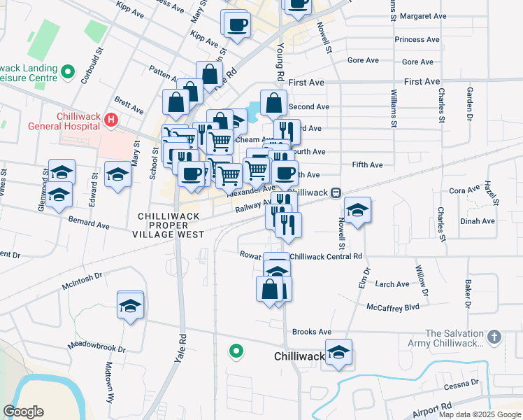 map of restaurants, bars, coffee shops, grocery stores, and more near 45922 Railway Avenue in Chilliwack