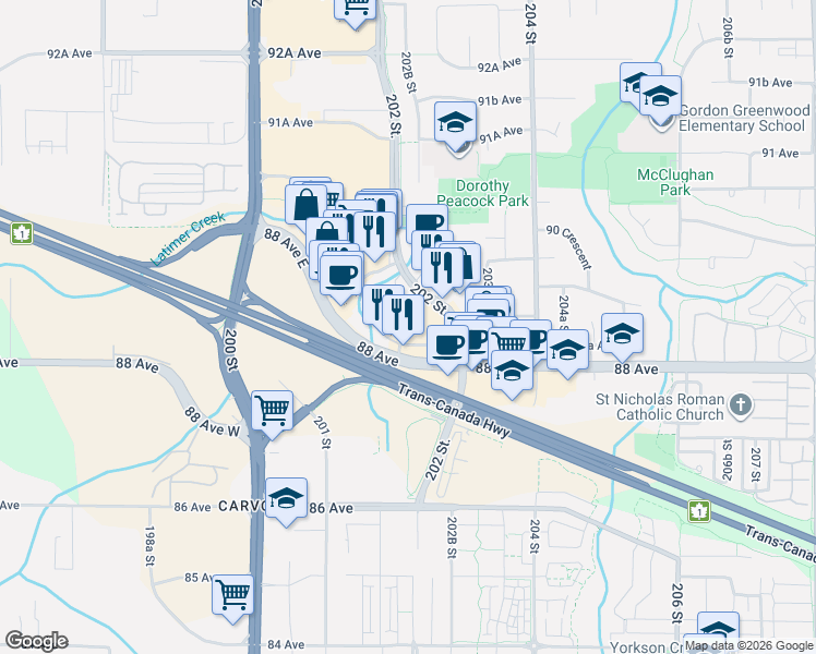 map of restaurants, bars, coffee shops, grocery stores, and more near 20173 88 Avenue in Langley Township