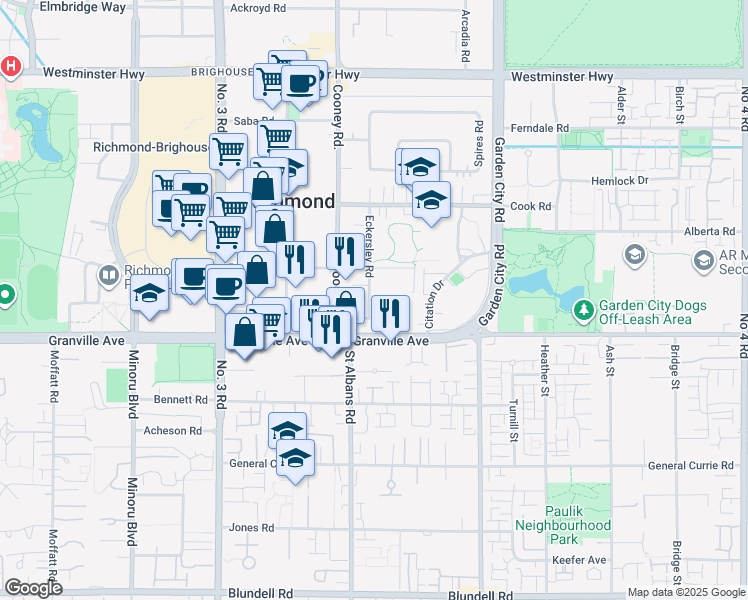 map of restaurants, bars, coffee shops, grocery stores, and more near 6828 Eckersley Road in Richmond