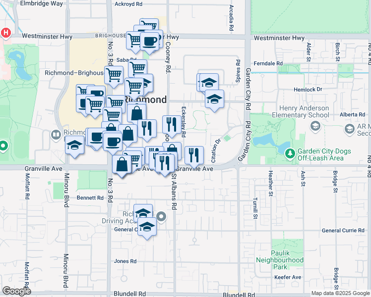 map of restaurants, bars, coffee shops, grocery stores, and more near in Richmond