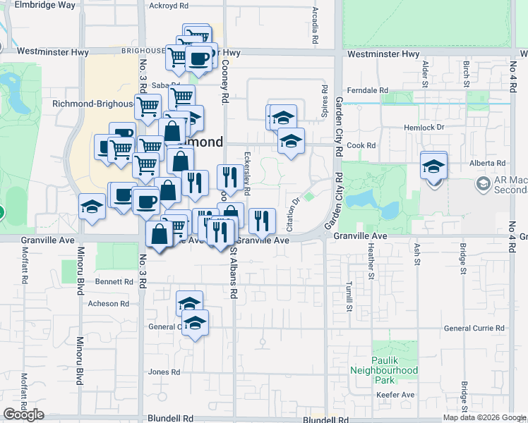 map of restaurants, bars, coffee shops, grocery stores, and more near 6828 Eckersley Road in Richmond