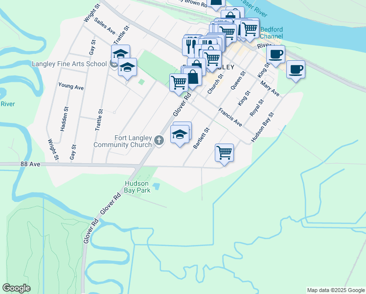 map of restaurants, bars, coffee shops, grocery stores, and more near 8877 Bartlett Street in Langley