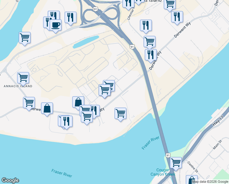 map of restaurants, bars, coffee shops, grocery stores, and more near 1309 Derwent Way in Delta