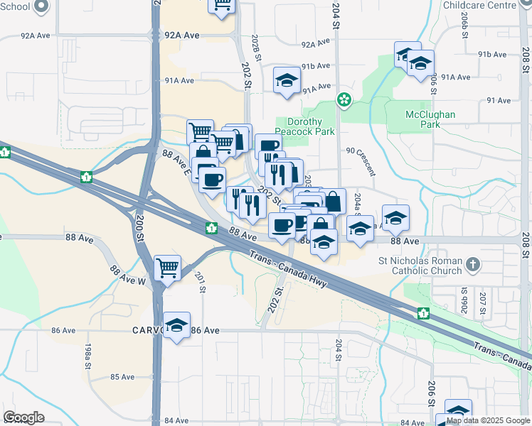 map of restaurants, bars, coffee shops, grocery stores, and more near 8855 202 Street in Langley Township