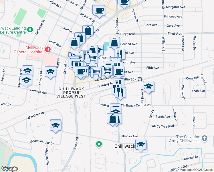 map of restaurants, bars, coffee shops, grocery stores, and more near 45922 Railway Avenue in Chilliwack