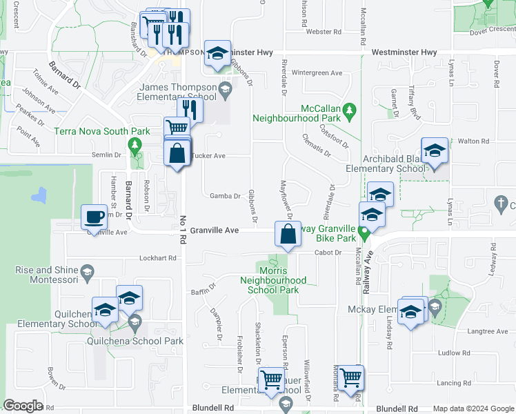 map of restaurants, bars, coffee shops, grocery stores, and more near 6820 Gibbons Drive in Richmond