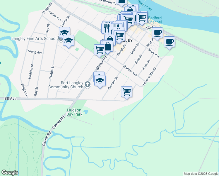 map of restaurants, bars, coffee shops, grocery stores, and more near 8870 Bartlett St in Langley