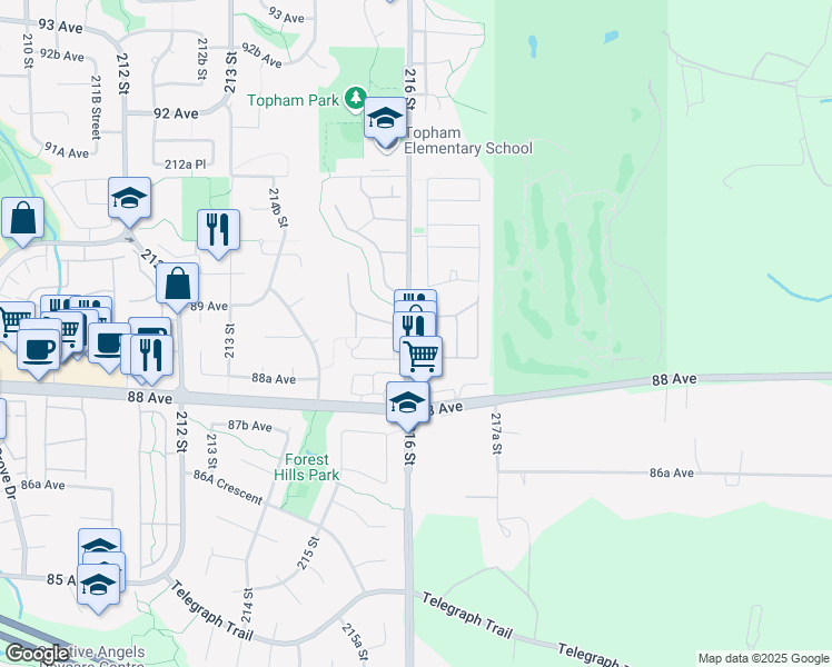 map of restaurants, bars, coffee shops, grocery stores, and more near 8888 216 Street in Langley Township