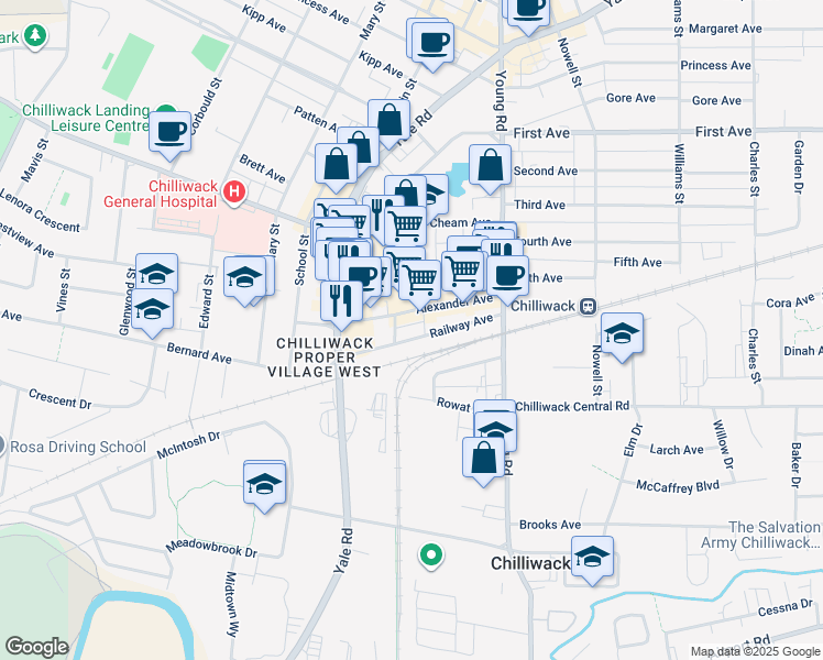 map of restaurants, bars, coffee shops, grocery stores, and more near 45831 Railway Avenue in Chilliwack