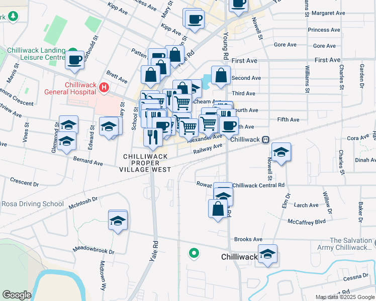 map of restaurants, bars, coffee shops, grocery stores, and more near 45851 Railway Avenue in Chilliwack