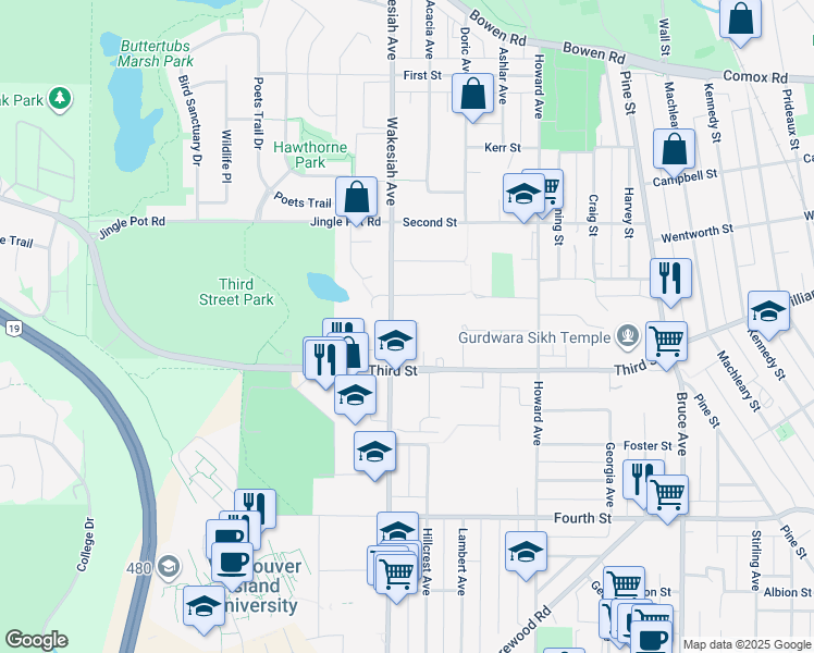 map of restaurants, bars, coffee shops, grocery stores, and more near 230 Wakesiah Avenue in Nanaimo