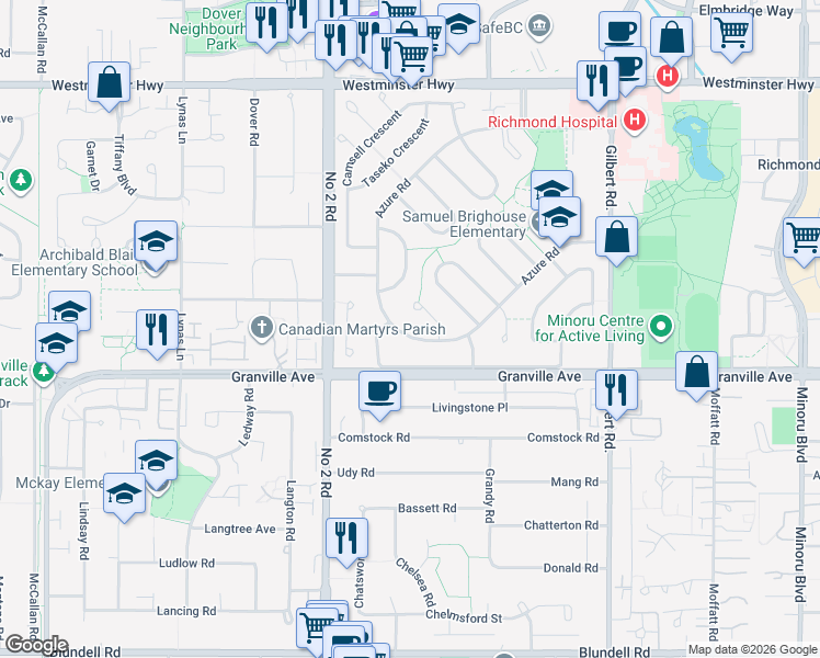 map of restaurants, bars, coffee shops, grocery stores, and more near 6480 Azure Road in Richmond