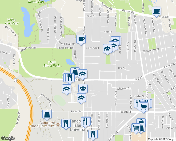 map of restaurants, bars, coffee shops, grocery stores, and more near 230 Wakesiah Avenue in Nanaimo