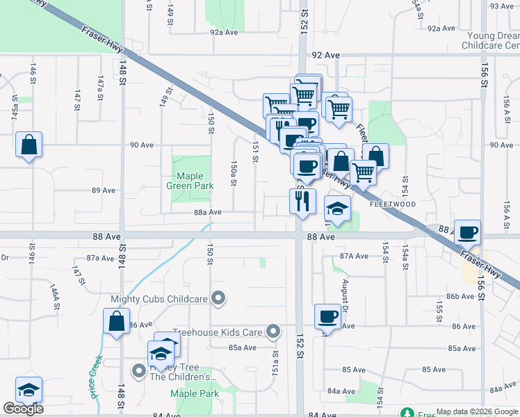 map of restaurants, bars, coffee shops, grocery stores, and more near 8888 151 Street in Surrey