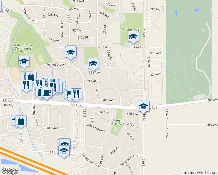 map of restaurants, bars, coffee shops, grocery stores, and more near 21447 88B Avenue in Langley