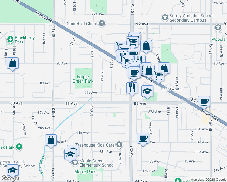 map of restaurants, bars, coffee shops, grocery stores, and more near 8888 151 Street in Surrey