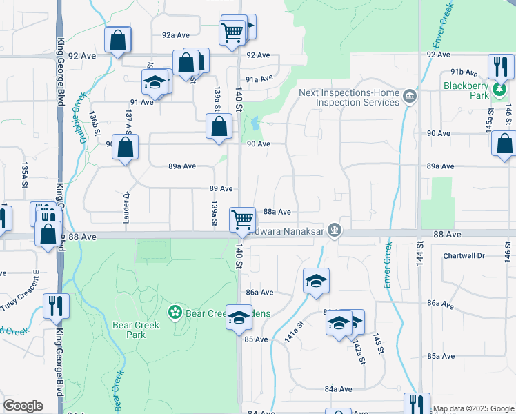 map of restaurants, bars, coffee shops, grocery stores, and more near 14041 88A Avenue in Surrey