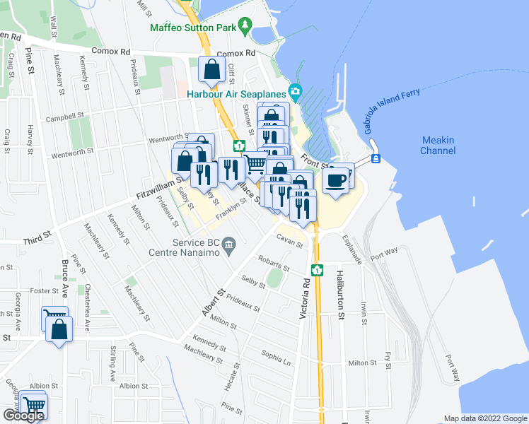 map of restaurants, bars, coffee shops, grocery stores, and more near 467 Wallace Street in Nanaimo