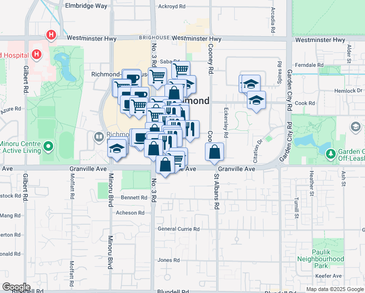 map of restaurants, bars, coffee shops, grocery stores, and more near 6833 Buswell Street in Richmond